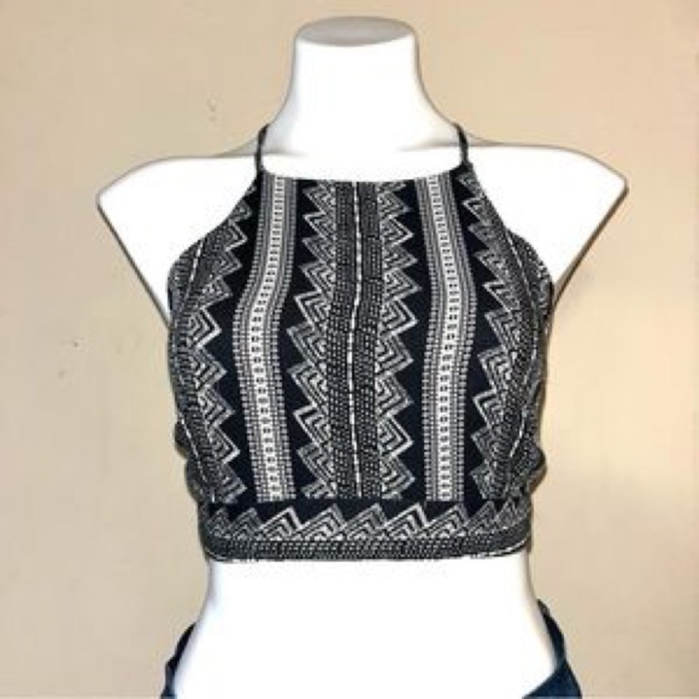Fashion on earth by Dry Goods cotton black and white print high neck halter top